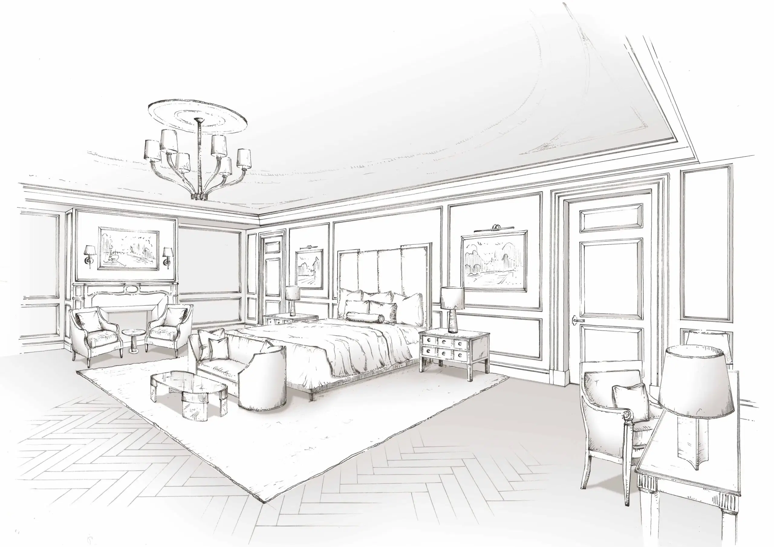 A photorealistic AI render of the architectural sketch, showing realistic lighting and materials.